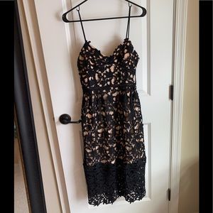 Black and nude lace overlay cocktail dress